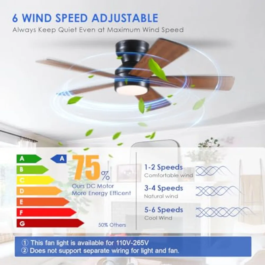 Ceilg Fans with Lights Flush Mount - Low Profile Ceilg Fan Remote Control with 5 Dual-Sided Blades, Reversible 6 Speeds, Dimmin