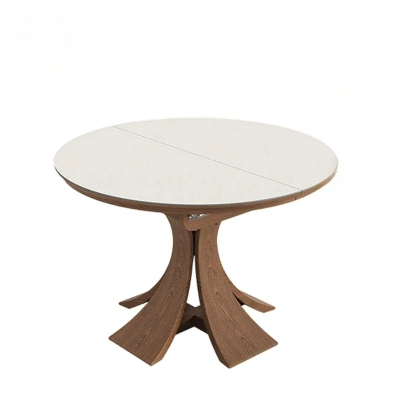 Retractable folding dining table, small household living room, medieval style, travertine rock slab solid wood