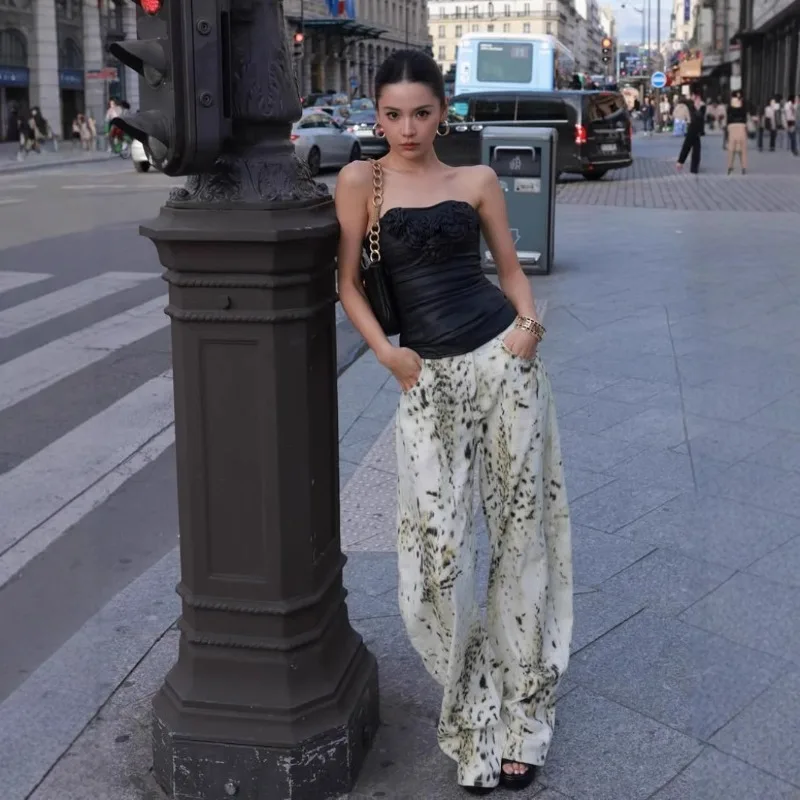 

patchworkjeans American Retro Washed Leopard Print Jeans, Women Street Style Wide Leg Floor Length Loose Casual Denim Daily Wear