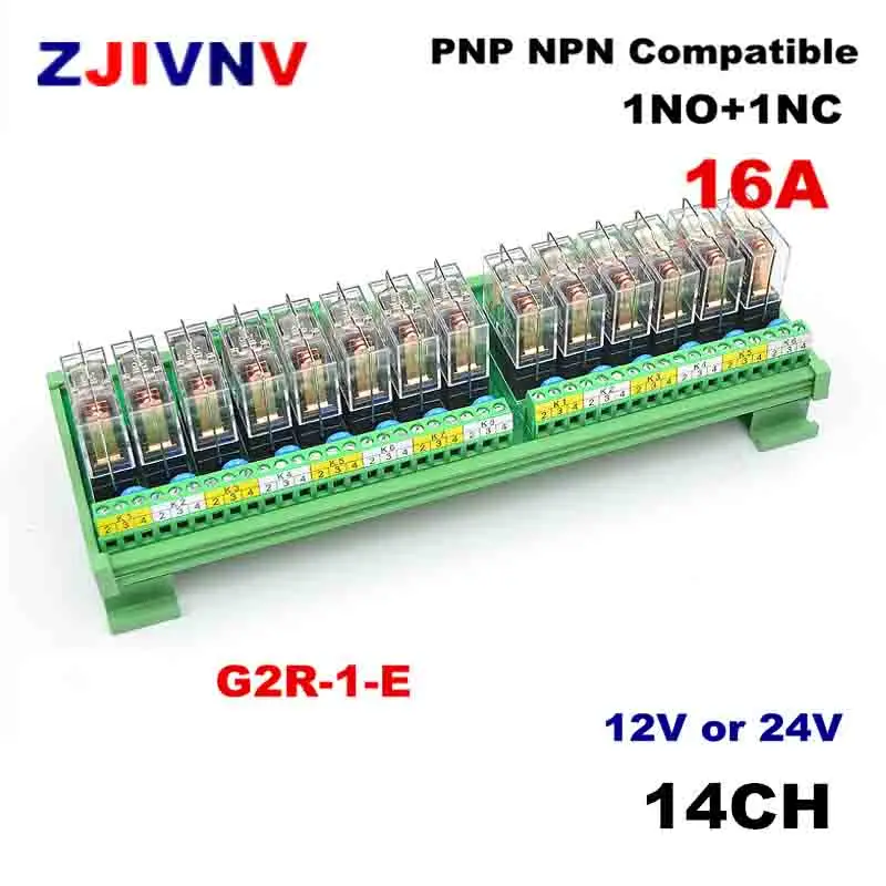 

PNP NPN compatible 1NO+ 1NC Interface Relay Module 14 Channels 1 SPDT DIN Rail Mount 16A INPUT DC 12V 24V with G2R-1-E