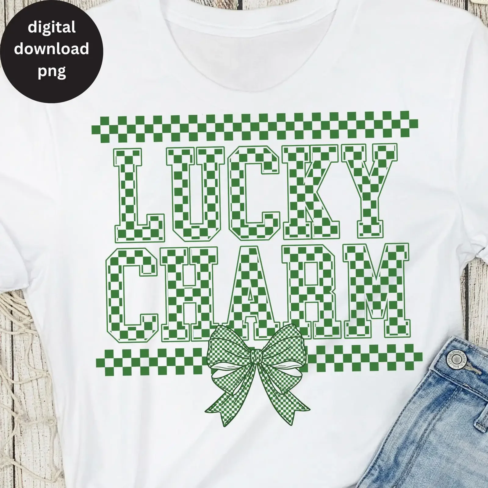 Retro Lucky Charm Checker Coquette Bow PNG St Patrick's Day Varsity Trendy Paddy's Irish T Shirt Sublimation Design vintage