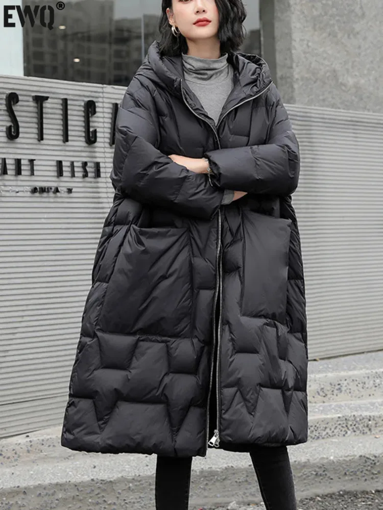 [EWQ] Big Pockets Design Hooded Long White Duck Down Jacket Thick And Warm Casual Women Winter Coat 2024 Autumn New Tide 16O2301