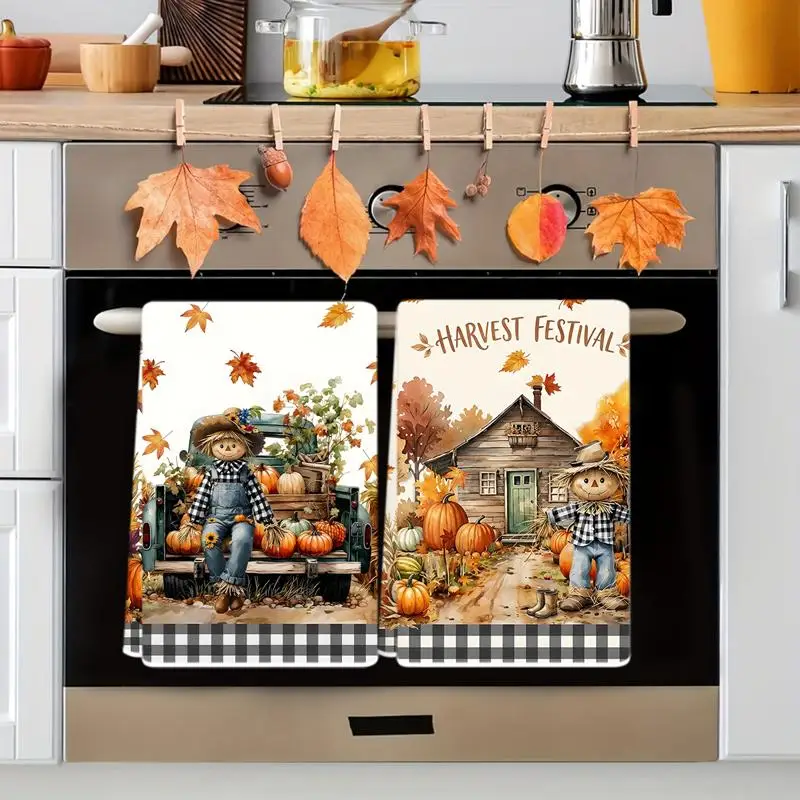 2-Pack Harvest Autumn Themed Kitchen Dish Towel, Polyester Decorative Towel, with Scarecrow Pumpkin Truck Pattern