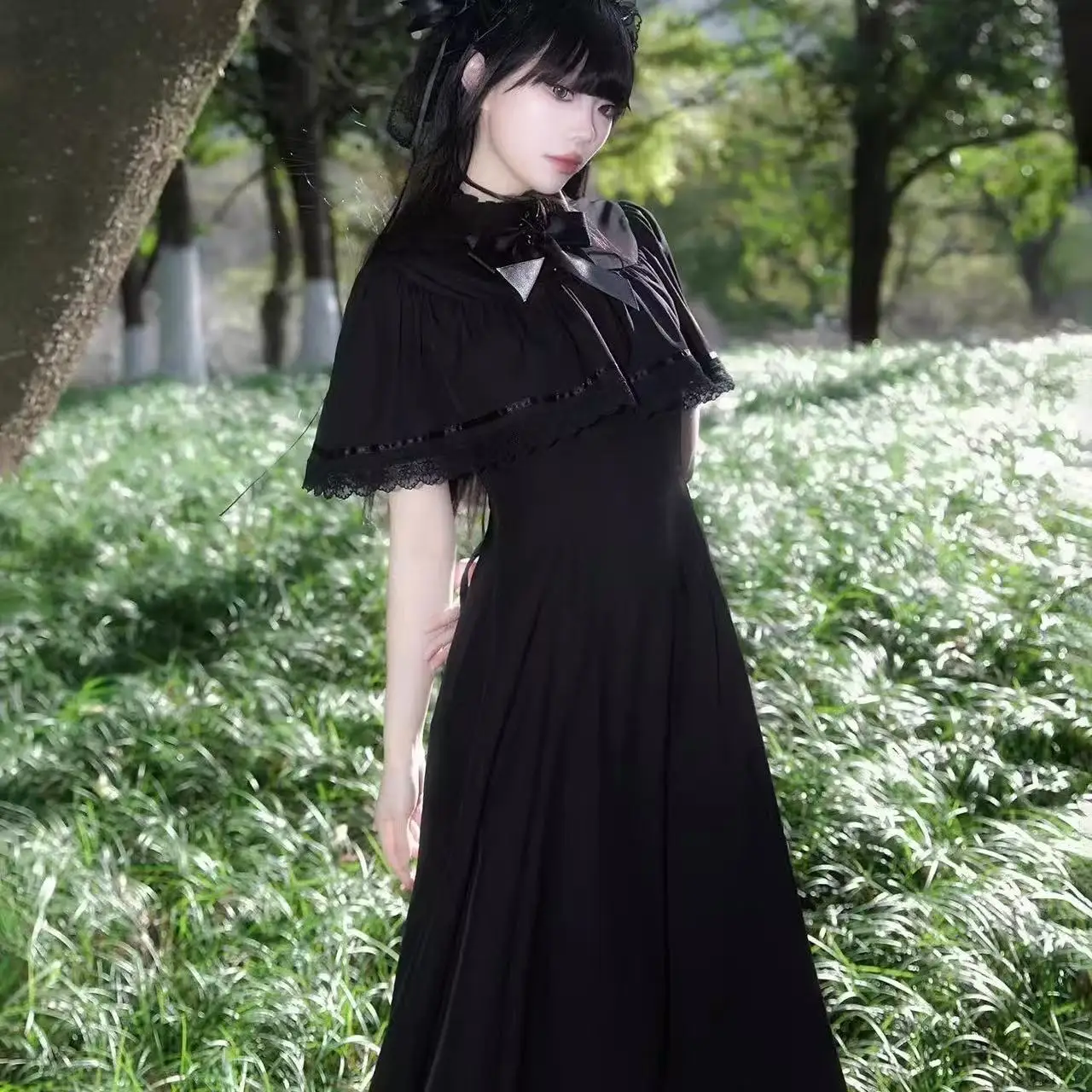 

Gothic Slim Lolita Sweet Bow Vestidos Mujer Y2k Lace Short Sleeve Dress for Women High Waist Dresses Chic High Street Vintage