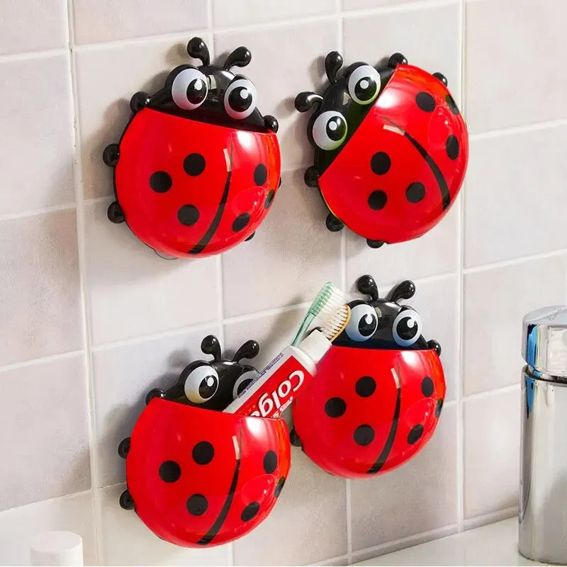 2pcs Toothbrush Holder Cute Ladybug Shape Suction Cup Creative Toothbrush Rack Bathroom No-punching Storage Shelf