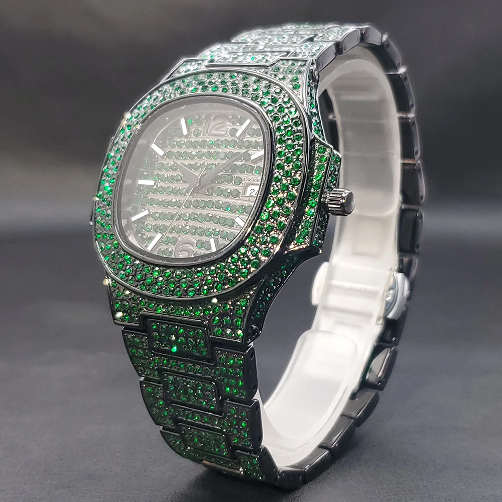 

Green Black Men's Watches Classic Square Diamond Wristwatches For Man Stylish Unique Color Jewelry Watch Men Waterproof Luminous