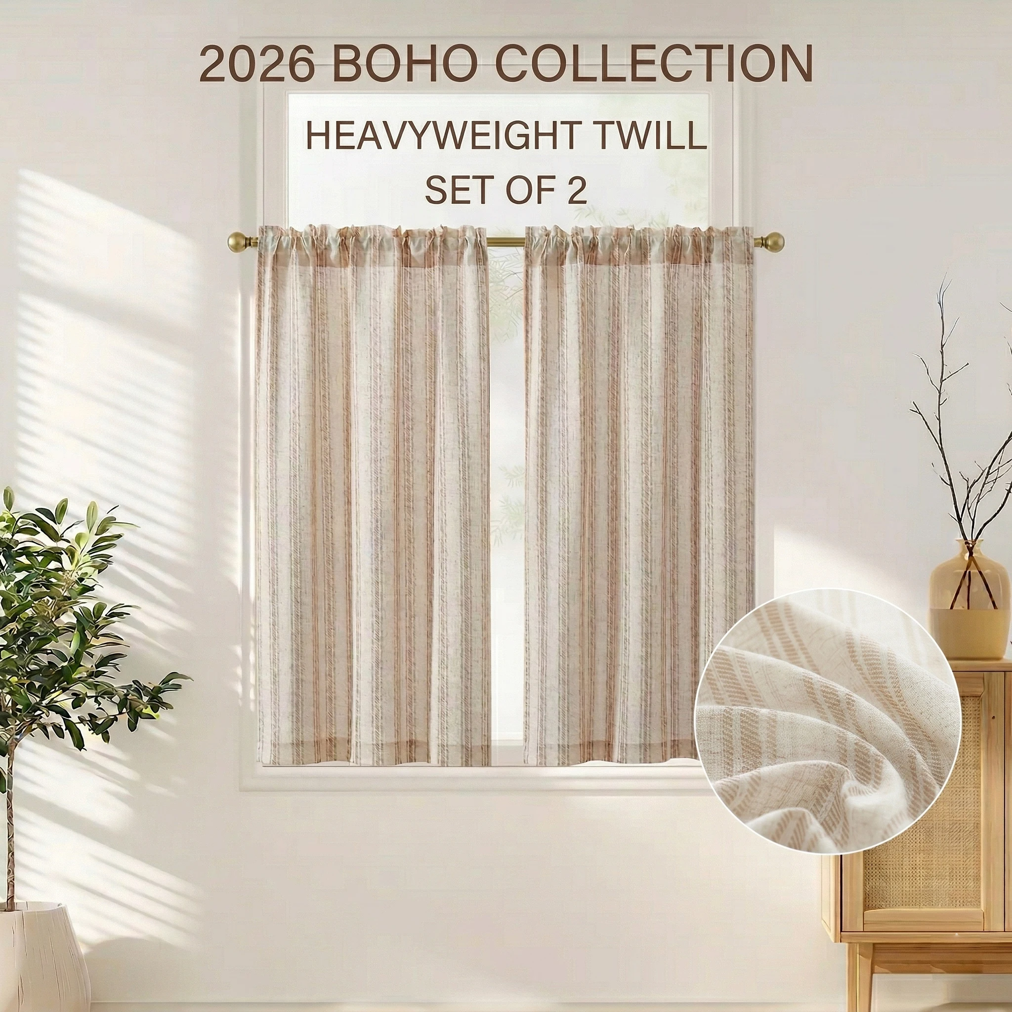 Jinchan Cortinas de Cocina a Rayas Estilo Boho Farmhouse, [Todos los Tamaños] Cortinas de Café de Sarga con Mezcla de Lino y Bolsillo para Varilla para Ventanas, 2 Paneles