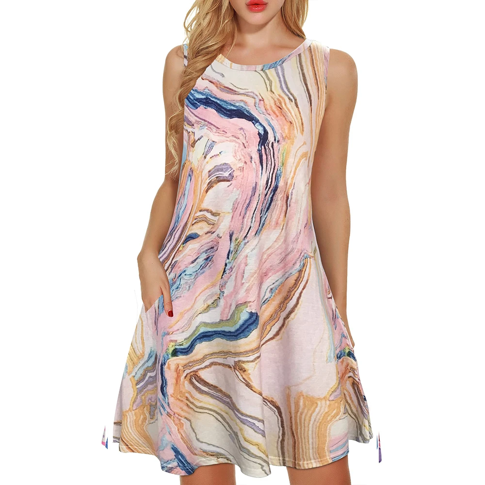 

Summer 2024 Women's knee-length pink tie-dye print design dress Casual Trend Sleeveless vest Loose and comfortable pocket dress