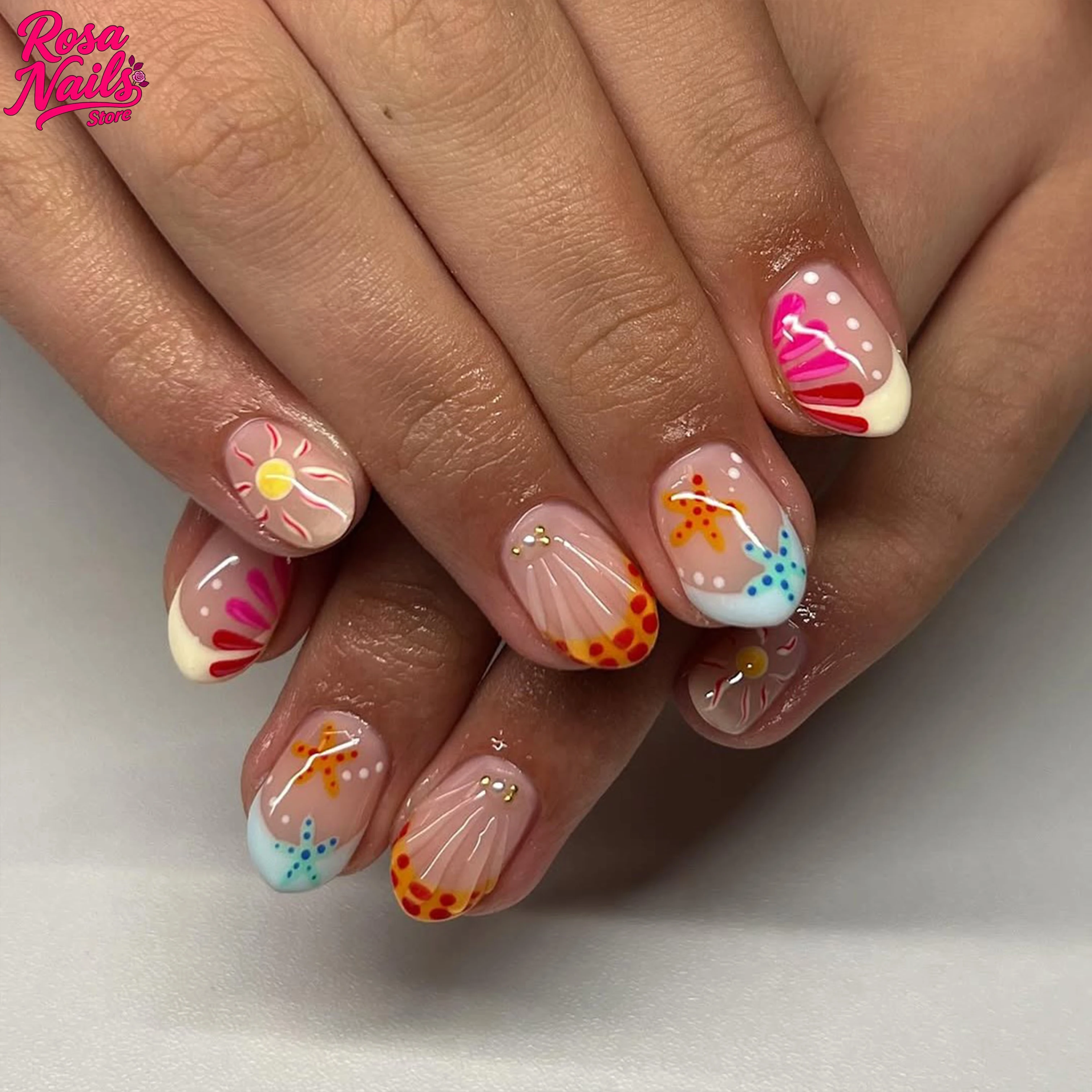 

Summer Short Nails Handmade Acrylic Press ons French Tips Nail Hand Painted Starfish Shell Nail Art Cute Kawaii Press on Nails