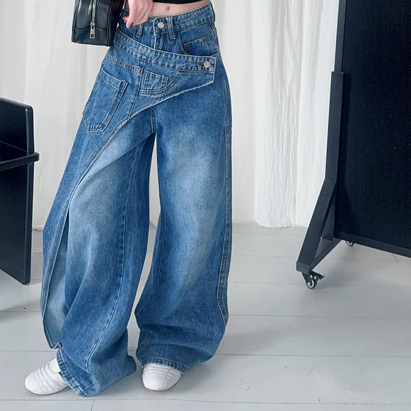 Girl's Retro American Vintage Wide-Leg Jeans Loose Straight High-Waisted Baggy Pants Oversized Blue Denim Trousers (Ages 3-12)
