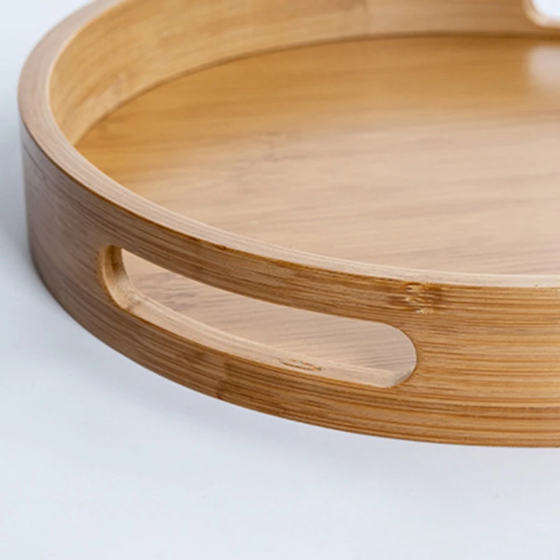 Bamboo Round Tea Tray Simple Wooden Storage Trays Hotel Home Breakfast Dessert Food Serving Tray Kitchen Supplies