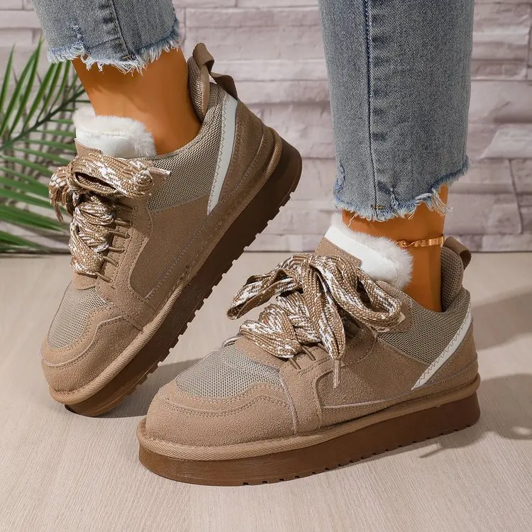 Damen Echt-Schaffell-Wollschneestiefel 2026 Neues Design Niedriger Schaft Dicke Sohle Schnürung Natürliches Fell Warme Baumwollschuhe Winter Herren Hausschuhe – Detail 17