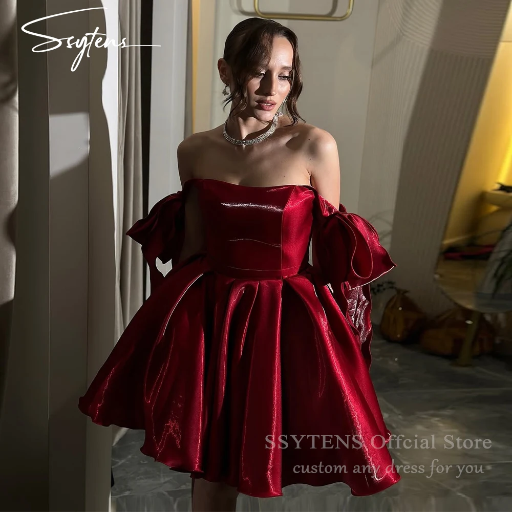 

SSYTENS Sexy Straps Short Prom Dress Simple Strapless With Bow Vestidos De Fiesta Lace-up Back Burgundy Evening Gowns Customized