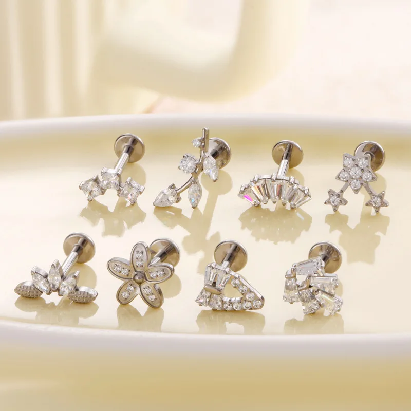 

1PC G23 Titanium Piercing Labret Studs Internal Thread Lip Stud Earring Zircon Leaf Crown Helix Conch Cartilage Body Jewelry 16G