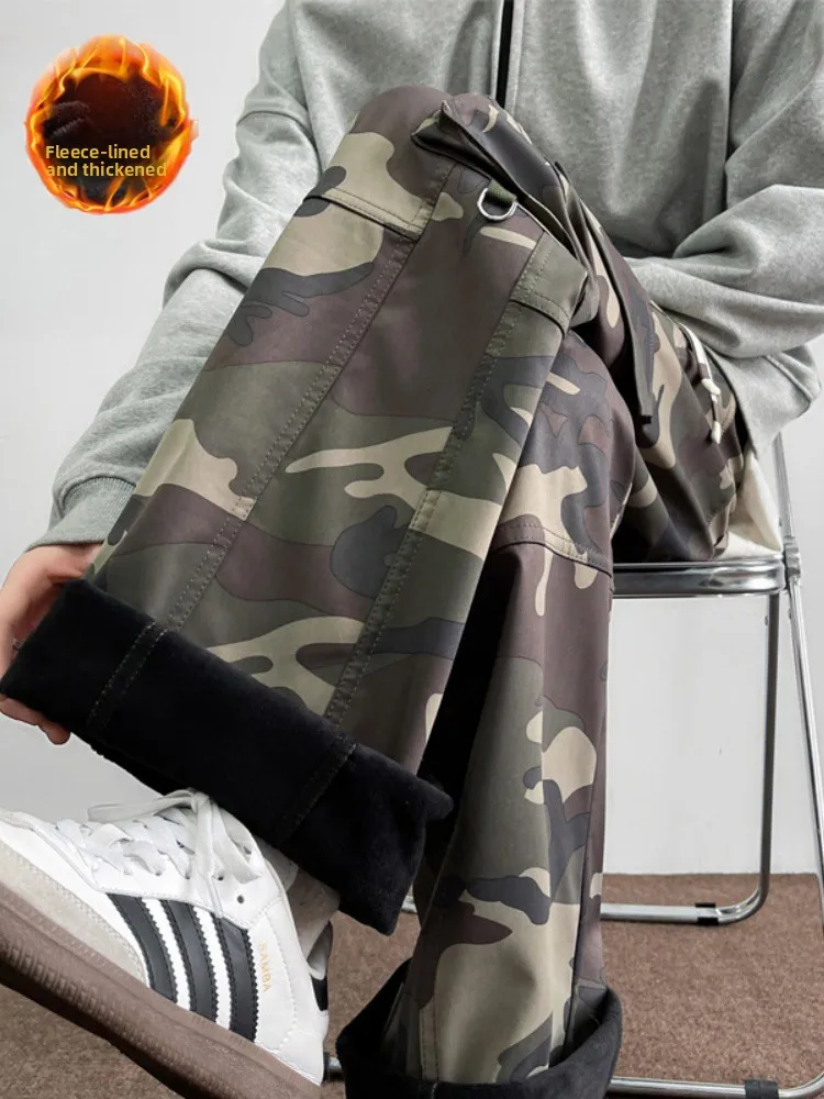 

Thiened Fce Camouflage Work Pants Men's Winter American High Street Sle Trendy Brand Large ket Straight Leg Trousers