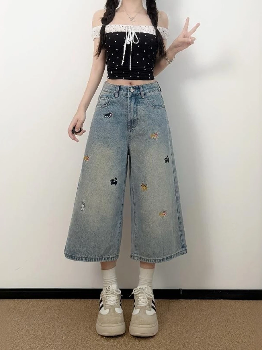 

Retro American Blue Denim Seven-Foot Pants Women's Summer plus Size High Waist Slimming Loose Straight Wide Leg Shorts