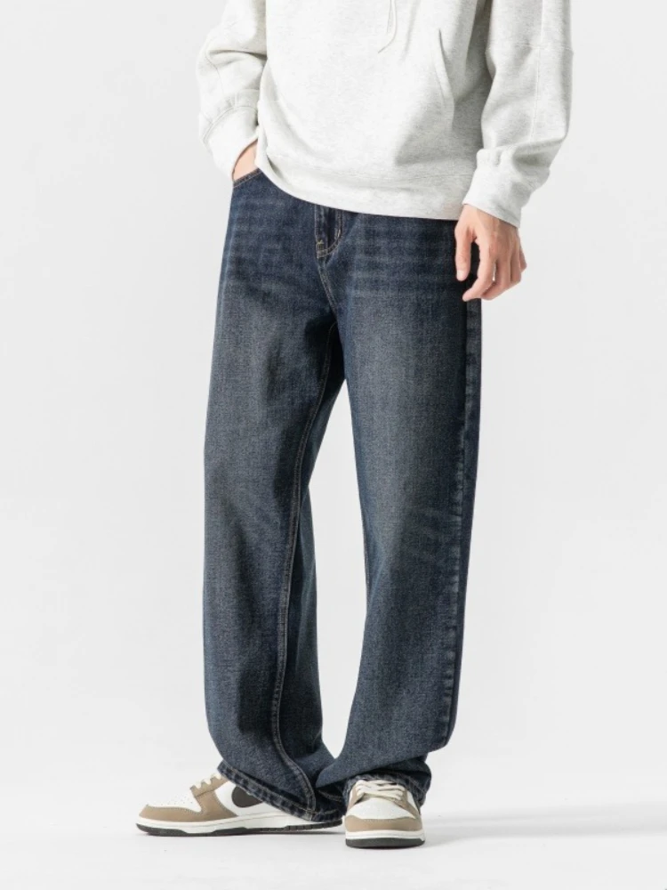 

Мужские винтажные джинсы, осенние новые свободные прямые широкие повседневные брюки, мужские индивидуальные однотонные джинсовые брюки