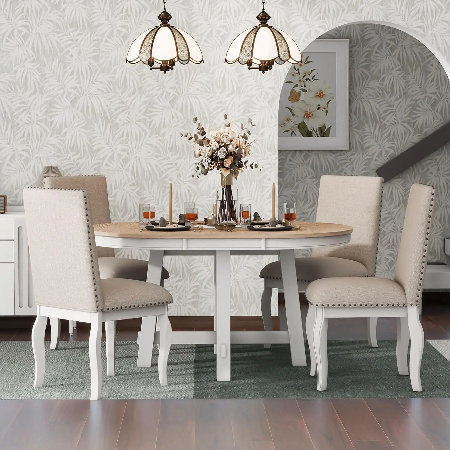 TREXM 5-Piece Farmhouse Dining Table Set Wood Round Extendable Dining Table and 4 Upholstered Dining Chairs