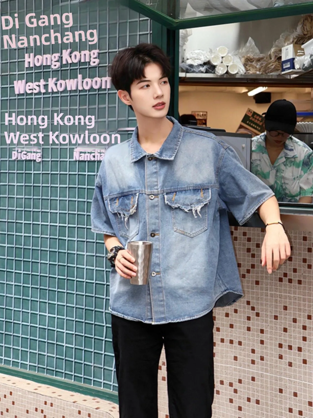 

Blue Padded oulder Denim ort Sve Men's Summer irt Casual Workwear Top Premium Feel Haome f Sve irt