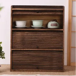 Solid Wood Tea Cup Cabinet Ancient Frame for Living Room Decor Dustproof Curtain Door Teapot Organizer Traditional Organizer