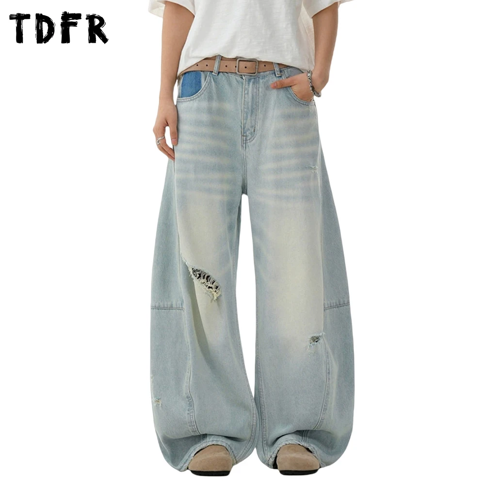 

Tie-dye Ripped Spliced Jeans Mens Retro Streetwear Washed Distressed Loose Wide leg Denim Scimitar Pants Men