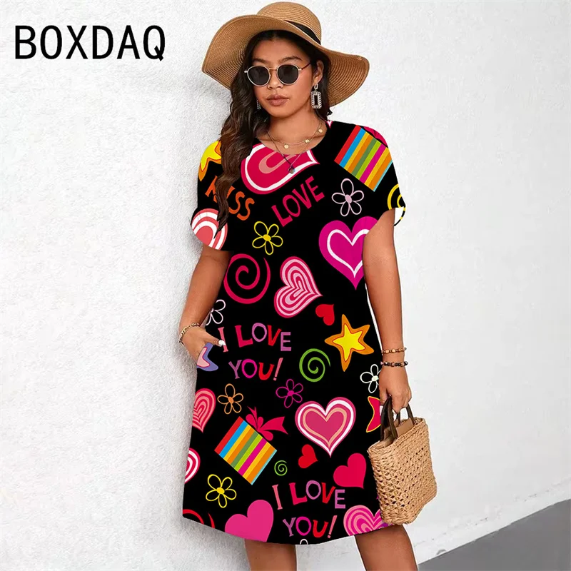 

Sweet Heart Shaped Pattern Mini Dress Women's Short Sleeve O-neck Pockets A-Line Dress 2025 New Valentine's Day Style Clothing