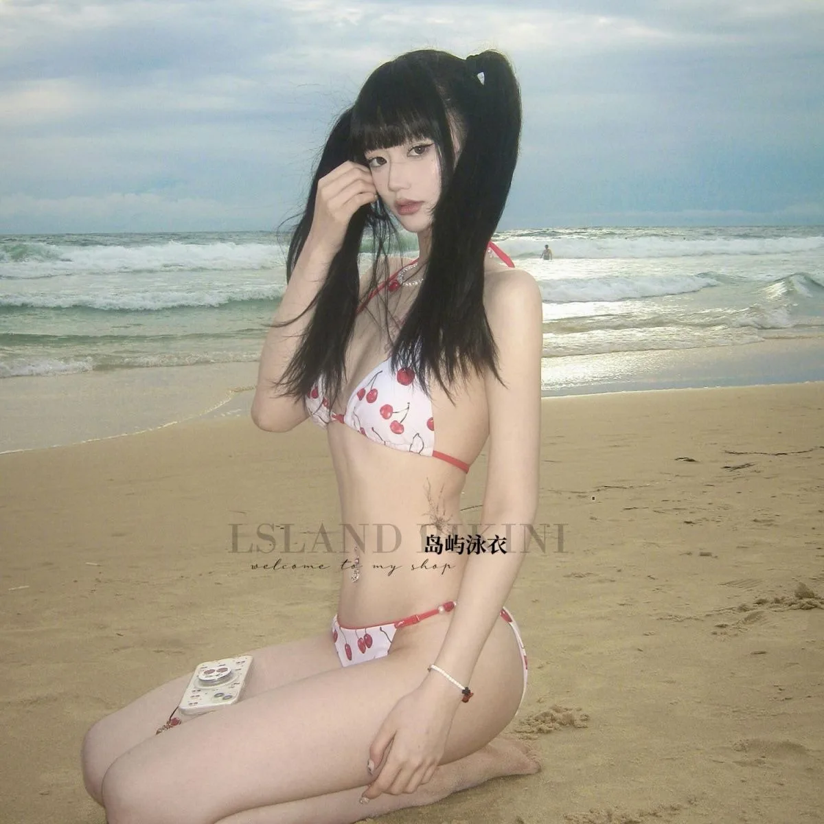 Sweet Kawaii Bikini Sets Women Cherry Print Red Halter Triangle Bikini Cute Pearl Decor Two Piece Swimsuit Vacation Outfits