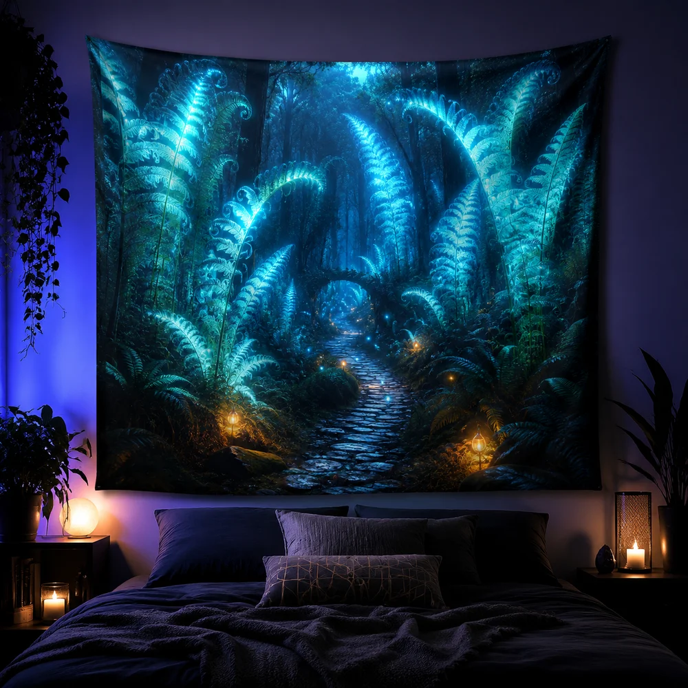 Fresh Green Forest Stream Tapestry, Nature River Stone Wall Hanging for Calm Room Decor