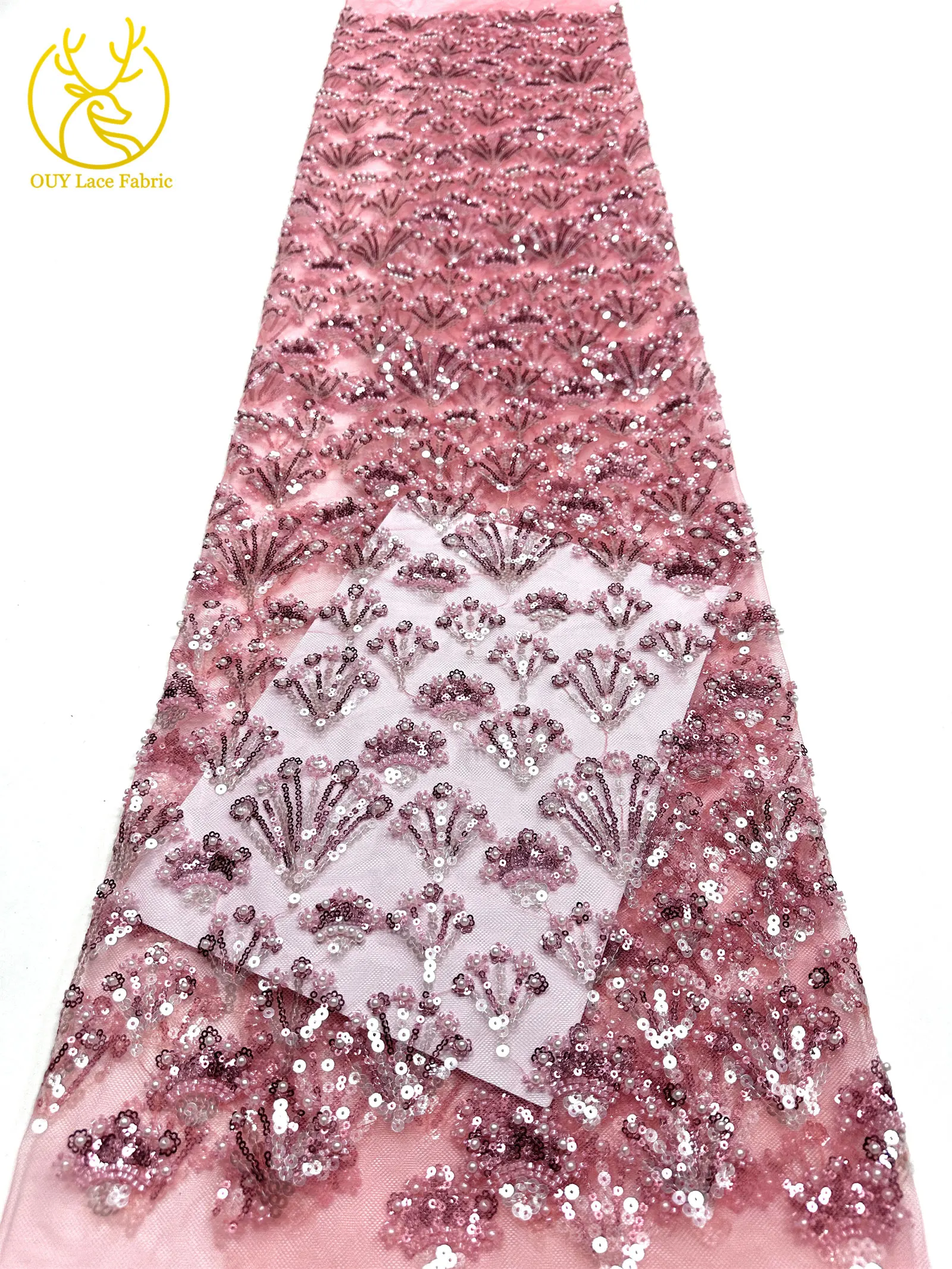 Luxuriöser französischer Perlen-Pailletten-Spitzenstoff 5 Yards Premium Hochzeitsstoff Nigerianischer Bräutigam Bestickter Tüll-Spitzenstoff für Brautkleider – Detail 18