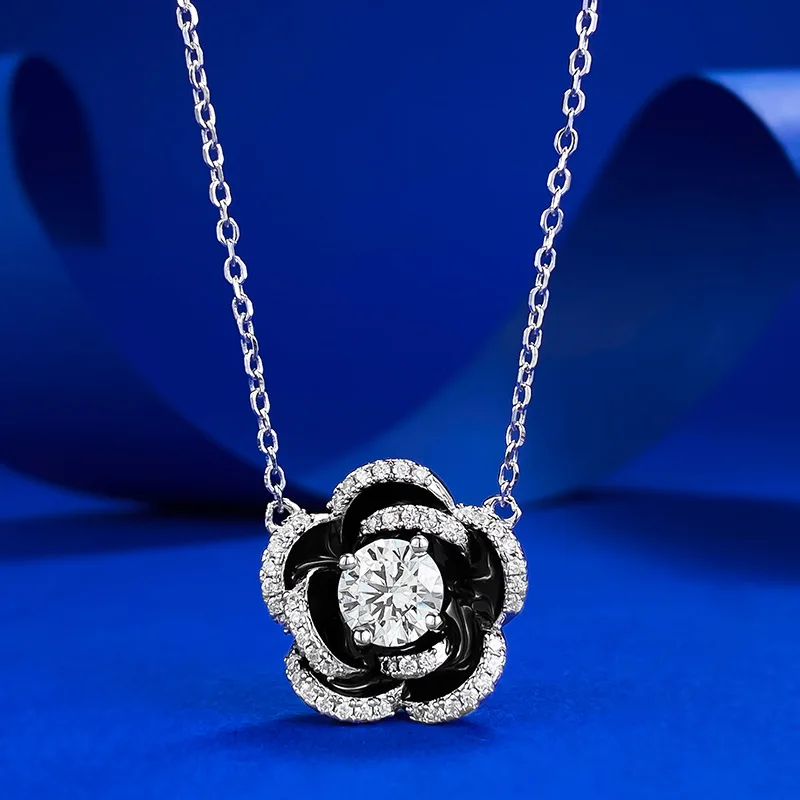 

New S925 Pure Silver Camellia Necklace 6.5mm Round White Diamond Flower Bud Pendant, Popular Female Ornament Personality