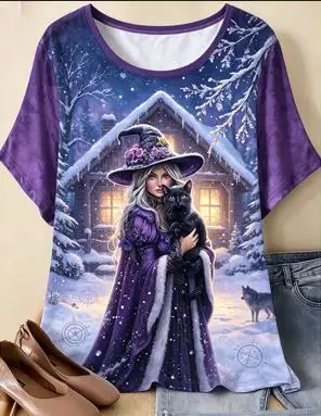 Women Winter Witch Black Cat Snow Cabin Print Ringer T‑Shirt Fantasy Magic Wolf Scene O‑Neck Short Sleeve Casual Graphic Tops