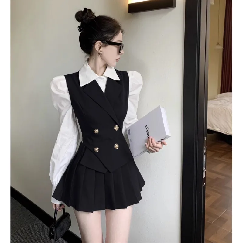 Temperament Suit Vest Pleated Skirt Shirt Three Piece Set Women Bubble Sleeves Double Breasted Korean Fashion Slim Spring Set