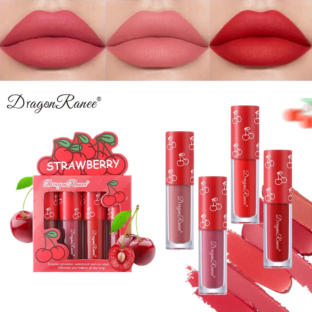 Velvet Matte Lip Glaze Set, Non-Fading, Non-Stick Cup, Fruit Makeup Lip Gloss, Four Mini Set