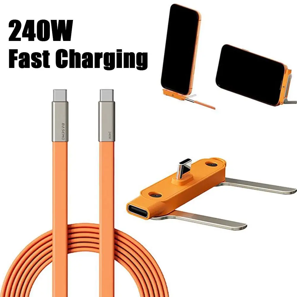 240W PD USB C to USB C Cable Built-in Phone Stand Fast Charging Type C Liquid Silicone Data Cord For iPhone 