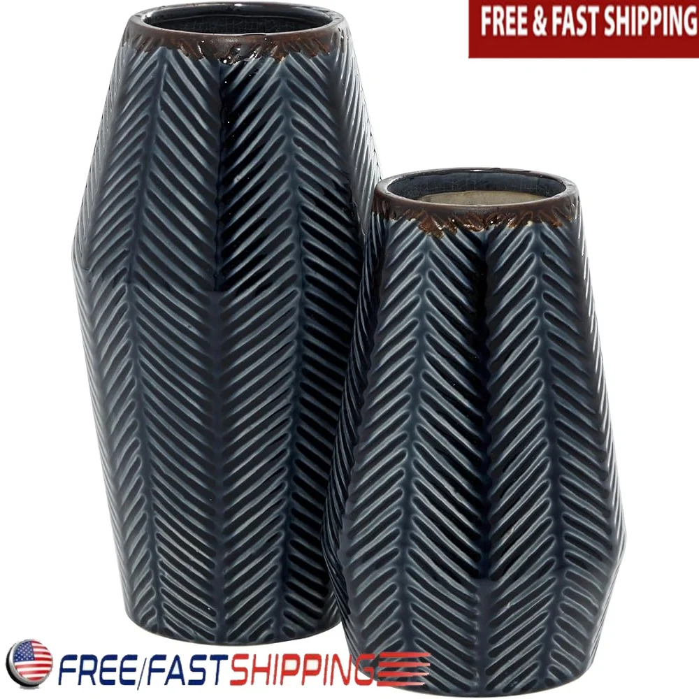 

Керамические декоративные вазы, набор из 2 ваз с геометрическим шевроном, центральные вазы, темно-синие вазы для домашнего декора с цветами, 11 дюймов, 8 дюймов
