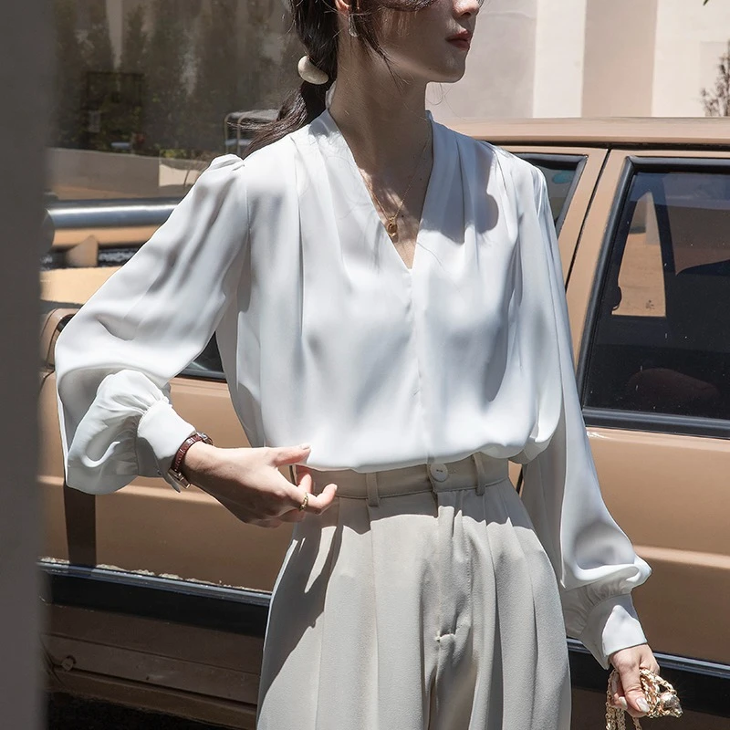 2025 New Elegant Satin Women's White Blouse Spring Autumn Long Puff Sleeve V-neck Casual Loose Office Workwear Shirts Female