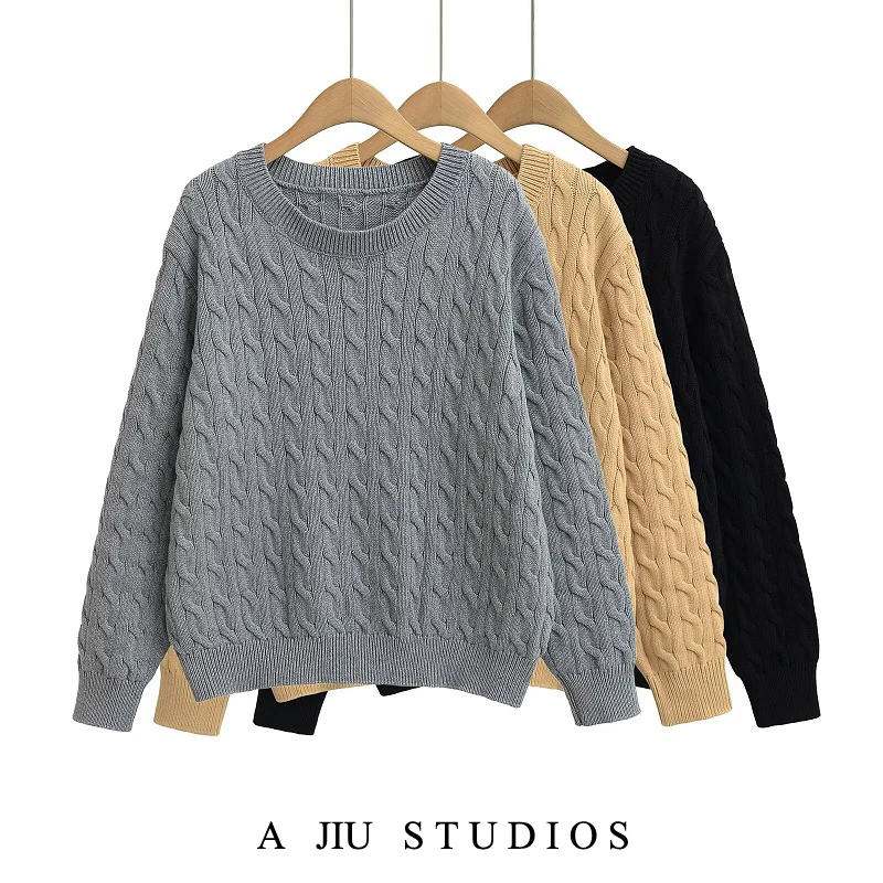 

American Retro Loose round Ne Twisted Sweater Women's Spring Autumn College Sle Age Reduction Lazy INS Knitted Sweater