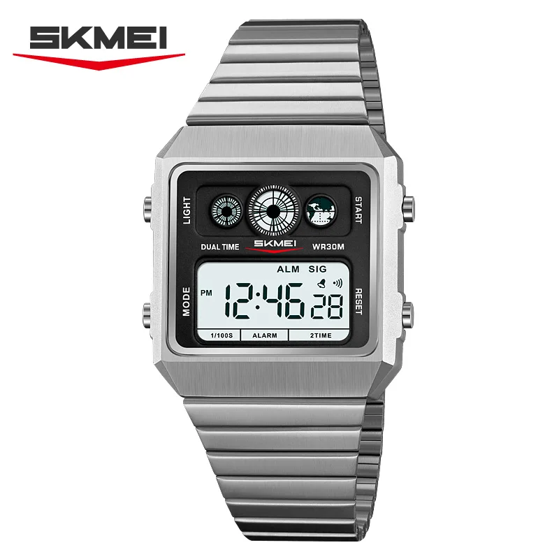 SKMEI 2450 Hombre Week Clock Back Light Wristwatch Mens Business Metal Digital Simple Square Watches For Men Countdown Stopwatch