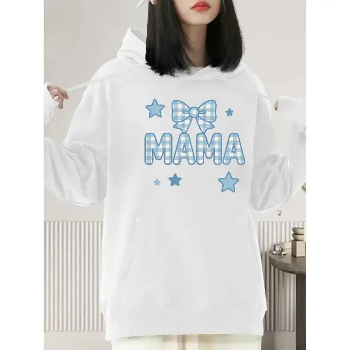 

Women's Mama Plaid Graphic Hoodie, Cute Bow & Stars Pullover Sweatshirt, Mother's Day Gift for Mom, Fall Casual Top