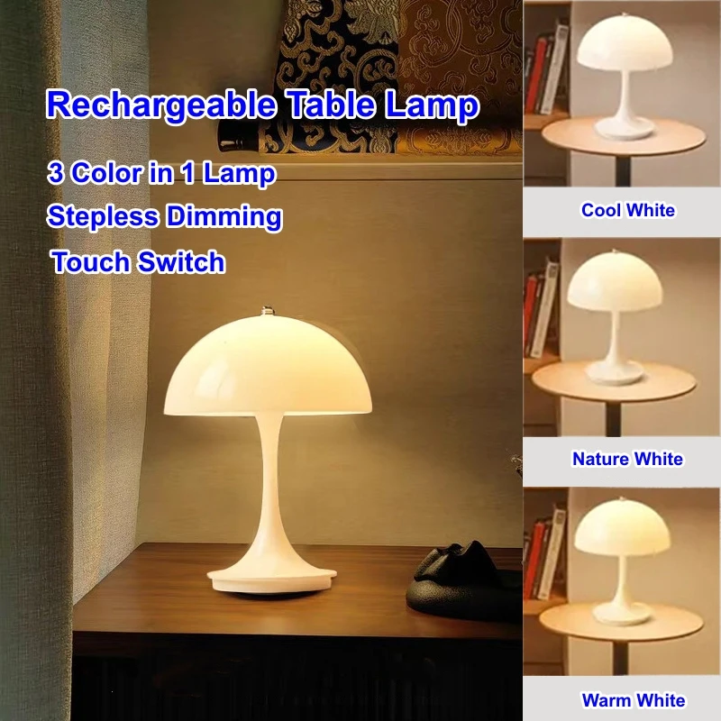 Wireless Small Mushroom LED Table Lamp Portable USB Charging Touch Night Light for Bedside Hotel Bar Coffee Decorative