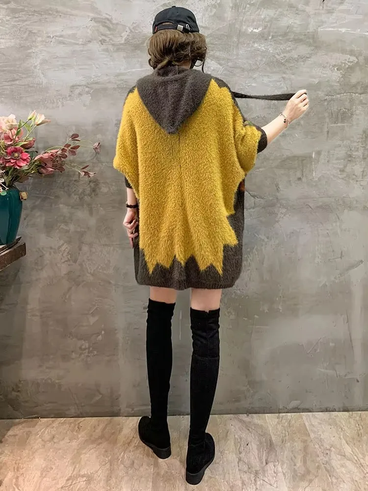 Amax luluE 2025 Women Winter Printed Hooded Oversized Cardigans Casual Fashion Warm Sweaters Ladies Vintage Luxury Loose Clothes