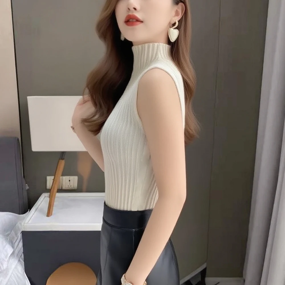 Fashion Tank Knit T Shirt Young Woman Black Sleeveless Blouse Women Clothing High Neck Knit Shirts Elegant Sweater Tops Clothes