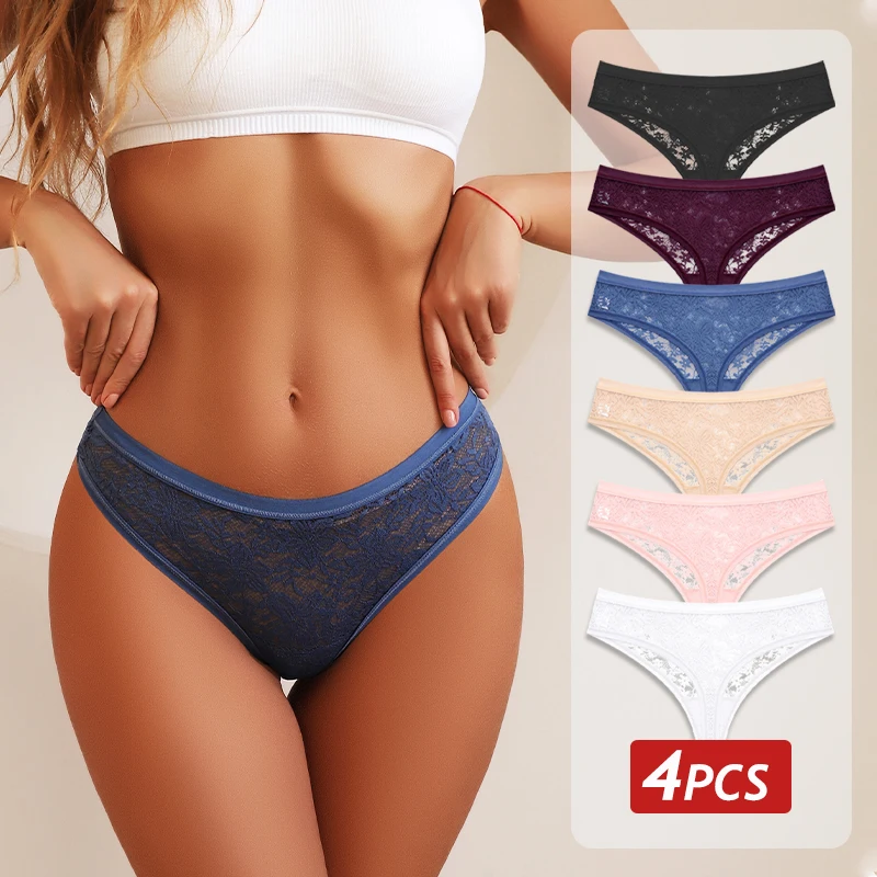 4PCS/Set Women Sexy Lace G-String Panties Solid Color Transparent Thongs Female Breathable Underwear Ladies Sexy Bikini Lingerie