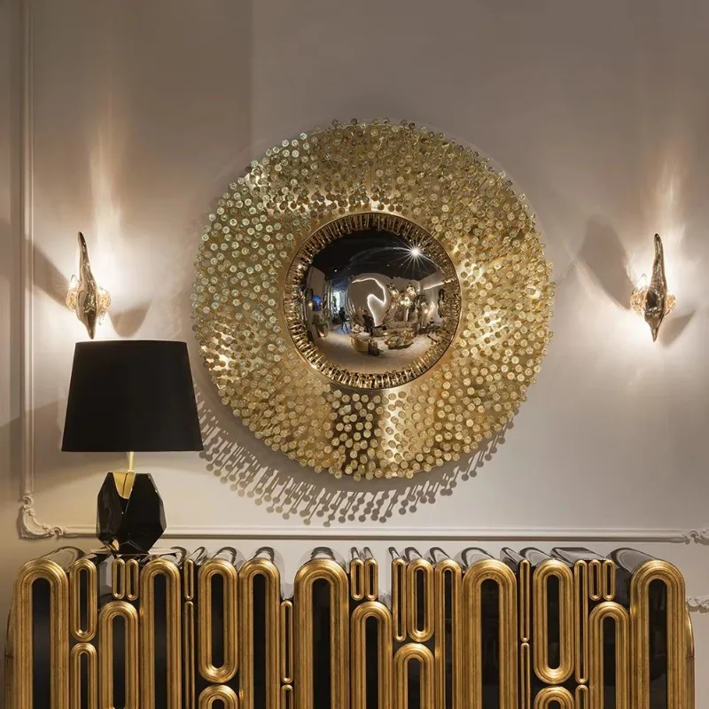 Espelho de parede de metal dourado estilo Art Deco, decoração manual, moldura redonda, decoração moderna para casa