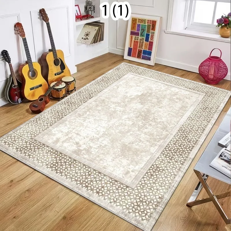 Grey Boho Moroccan Area Rug Modern Geometric Border Non-Slip Carpet Minimalist Vintage Home Decor Floor Mat for Living Room