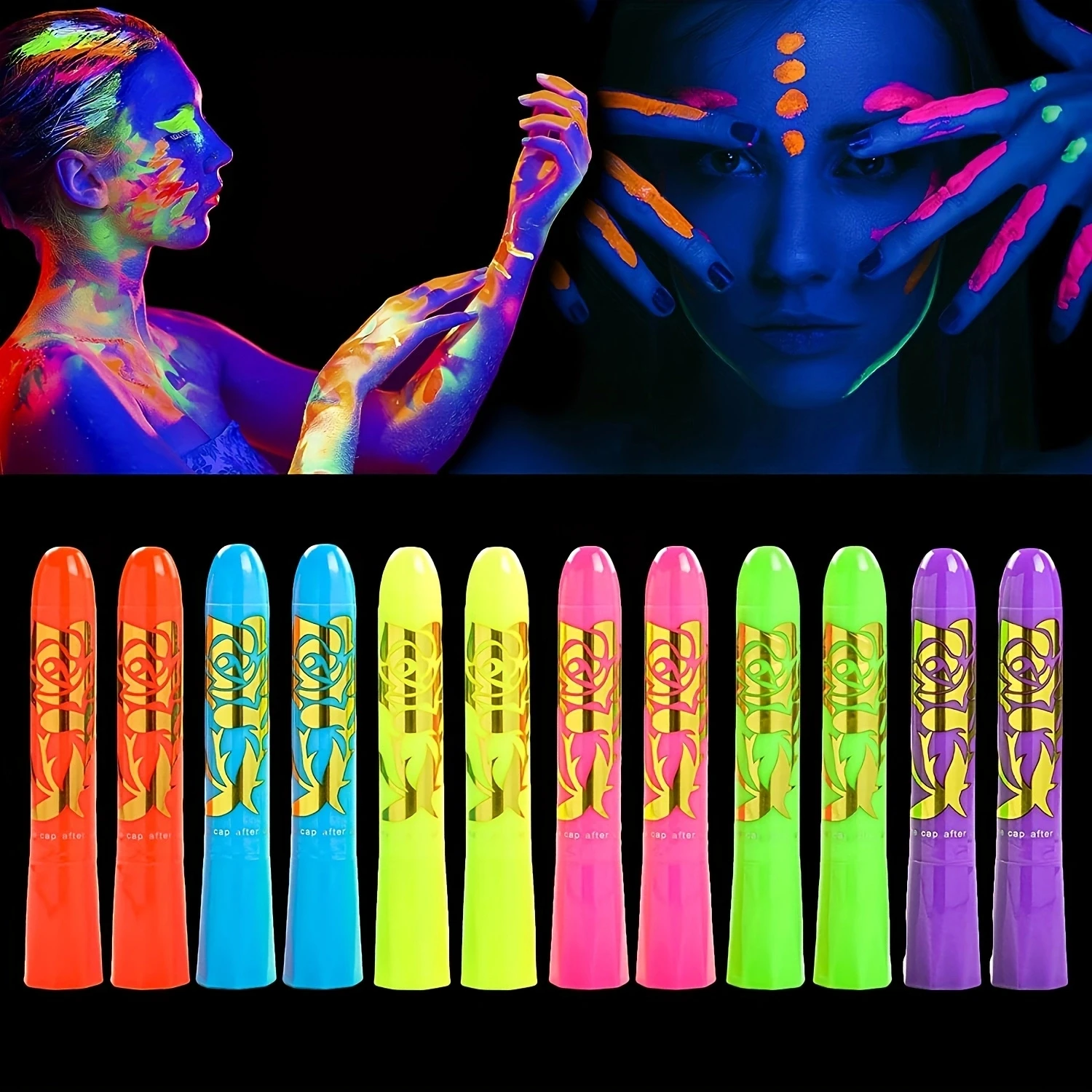 12 Pcs Glow in The Dark Body Face Paint Neon Glow in The Black Light UV Fluorescent Crayons Paint Sticks Makeup Kit for Kids Adu