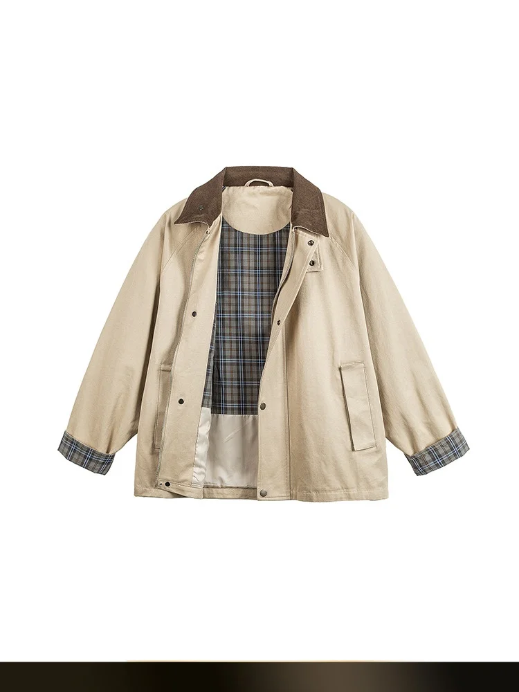 

American Retro Patchwork Corduroy Collar Jacket Men's Loose Versatile Autumnal Outerwear for Couples Hunting Style Coat