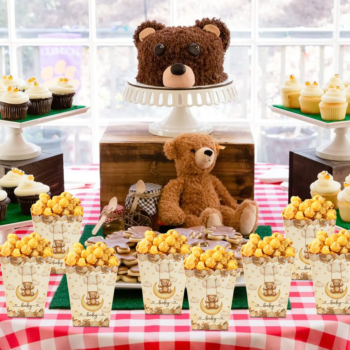 Brown Bear Popcorn Box Happy One Birthday Party Decorations Kids Favors Gift Candy Cookie Box Baby Shower Supplies Gender Reveal