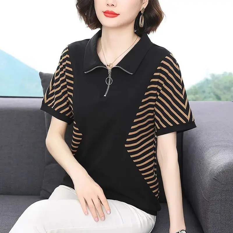 Women's Clothing Polo-Neck Zipper T-shirt Fashion Striped Patchwork All-match Summer Casual Short Sleeve Korean Loose Pullovers