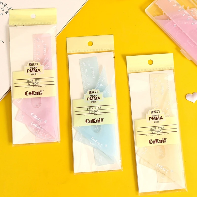 4 Pcs Geometry Kit Plastic Protractor 2 Triangle Rulers 15cm Ruler for Students